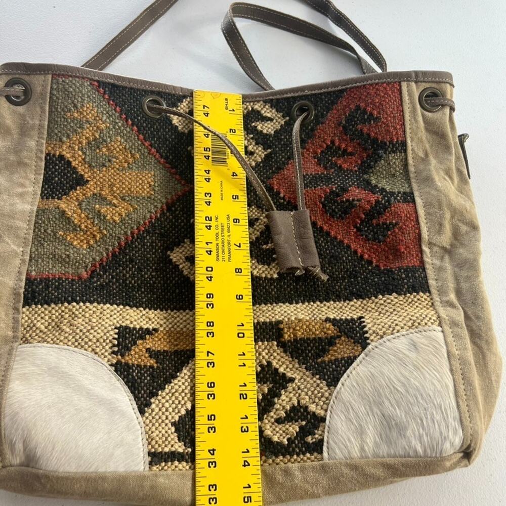 OHLAY Bucket Bag Milano Espec Drawstring Hair-On Genuine Leather Aztec Rug Woven - Picture 13 of 15